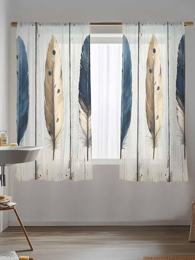 Sheer Curtains 72 Inches Long, Farmhouse Feather Semi Sheer Curtains Light Filtering Window Treatment, Watercolor Vintage Wooden Grain Privacy Voile Drapes for Living Room Bedroom 52x72 Inch