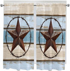 Vintage Western Star on Wood Grain Window Valance Curtains, Retro Wooden Texture Light Filtering Kitchen Valance with 3-inch Rod Pocket for Living Room Bathroom Bedroom,2 Panel,52x72In