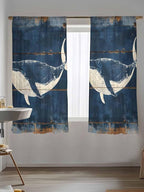 Sheer Curtains 72 Inches Long, Summer Whale Blue Semi Sheer Curtains Light Filtering Window Treatment, Coastal Ocean Vintage Wooden Grain Privacy Voile Drapes for Living Room Bedroom 52x72 Inch