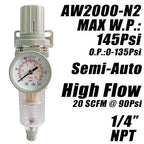 1/4" NPT Air Filter Pressure Regulator Combo Water Separator for Air Compressor Line Semi-Auto Drain 5 Micron Brass Element 0-150 psi Gauge