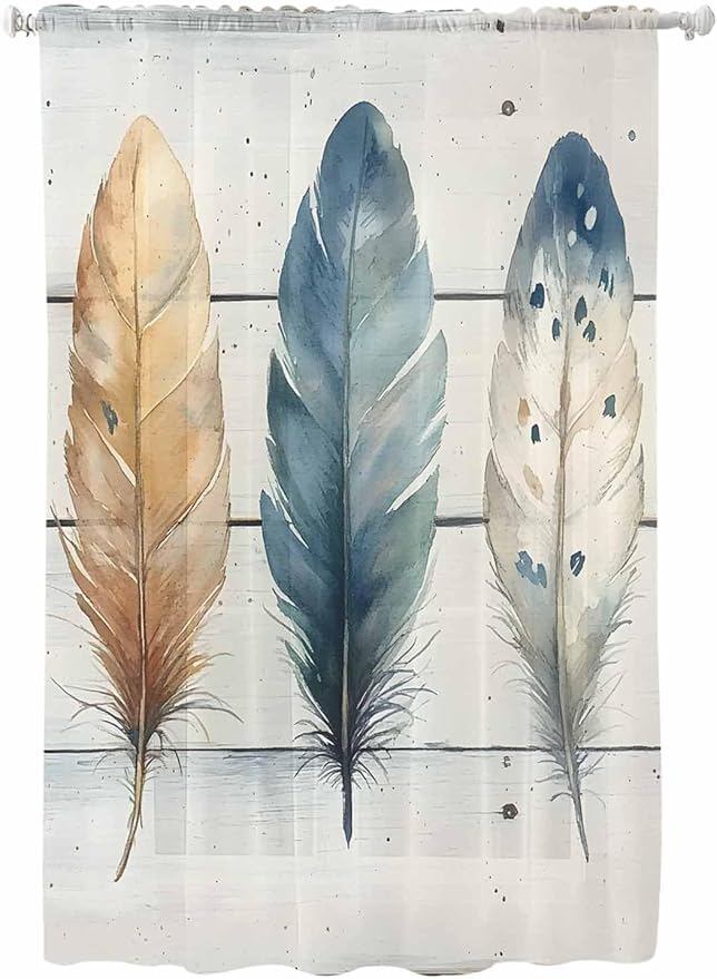 Sheer Curtains 63 Inch Length, Boho Blue Feathers Semi Sheer Curtains Light Filtering Window Treatment, Country Vintage Wooden Grain Privacy Voile Drapes for Living Room Bedroom 52x63 Inch