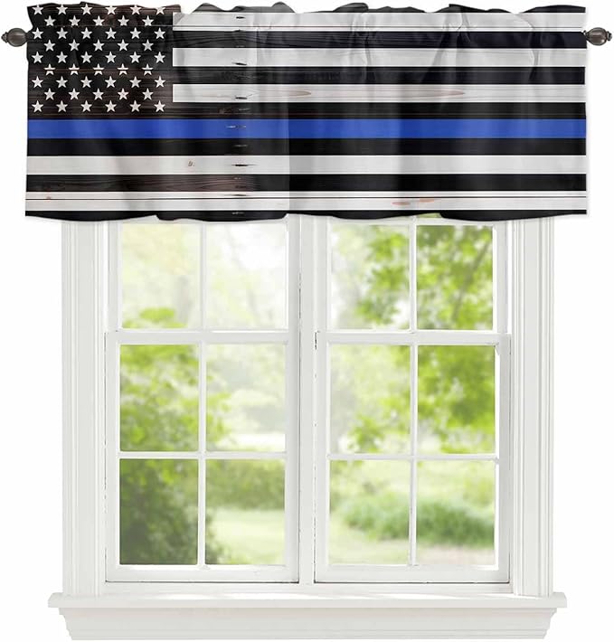 American Flag Valances for Windows, Blue Line Star Black White Stripes Wood Grain Kitchen Valance Light Filtering Rod Pocket Short Curtains for Kitchen Bathroom, 1 Panel, 60"x18"