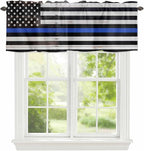 American Flag Valances for Windows, Blue Line Star Black White Stripes Wood Grain Kitchen Valance Light Filtering Rod Pocket Short Curtains for Kitchen Bathroom, 1 Panel, 60"x14"