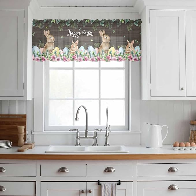 Easter Sheer Valances for Windows 60"x18", Light Filtering Kitchen Curtains Valance, Spring Watercolor Bunny Eggs Flower Leaf Wood Grain Rod Pocket Chiffon Curtains for Living Room Bedroom Cafe