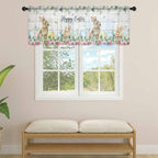 Easter Sheer Valances for Windows 60"x18", Light Filtering Kitchen Curtains Valance, Spring Watercolor Bunny Eggs Flower Leaf Wooden Grey Rod Pocket Chiffon Curtains for Living Room Bedroom Cafe