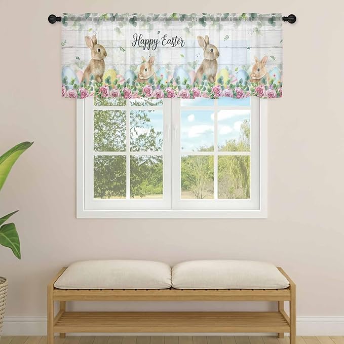 Easter Sheer Valances for Windows 54"x18", Light Filtering Kitchen Curtains Valance, Spring Watercolor Bunny Eggs Flower Leaf Wooden Grey Rod Pocket Chiffon Curtains for Living Room Bedroom Cafe