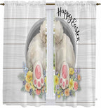 Easter Bunny Window Curtains 63 Inch Long 2 Panel Set,Rod Pocket Bedroom Curtains & Drapes,3D Optical Illusion Farmhouse Flower Wood Grain Light Filtering Window Treatment for Living Room 42"W x 63"L