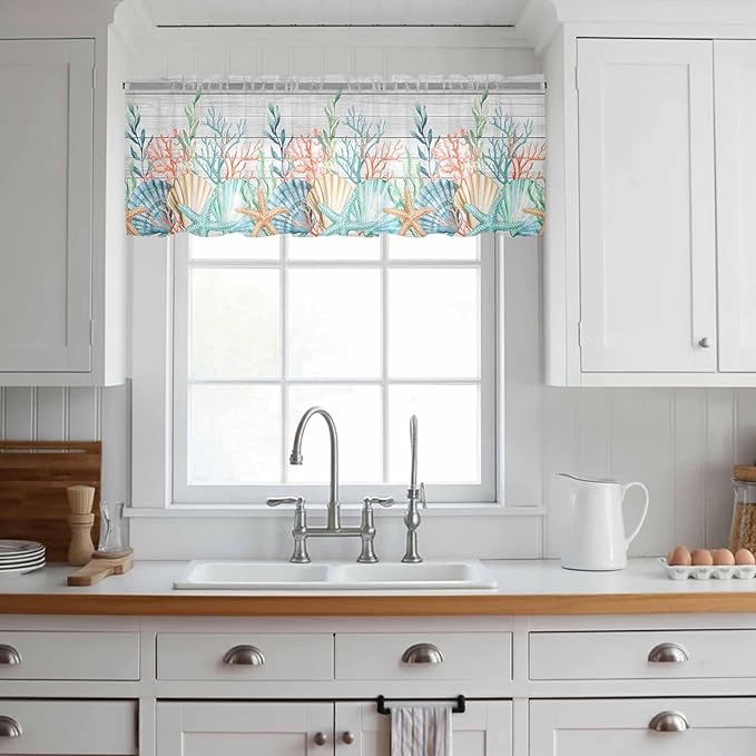 Summer Beach Sheer Valance Curtains, Ocean Colorful Coral Shell Seaweed Starfish Wood Grain Light Filtering Kitchen Valances Rod Pocket Voile Curtain Treatment for Bedroom/Living Room/Basement 42Wx18L