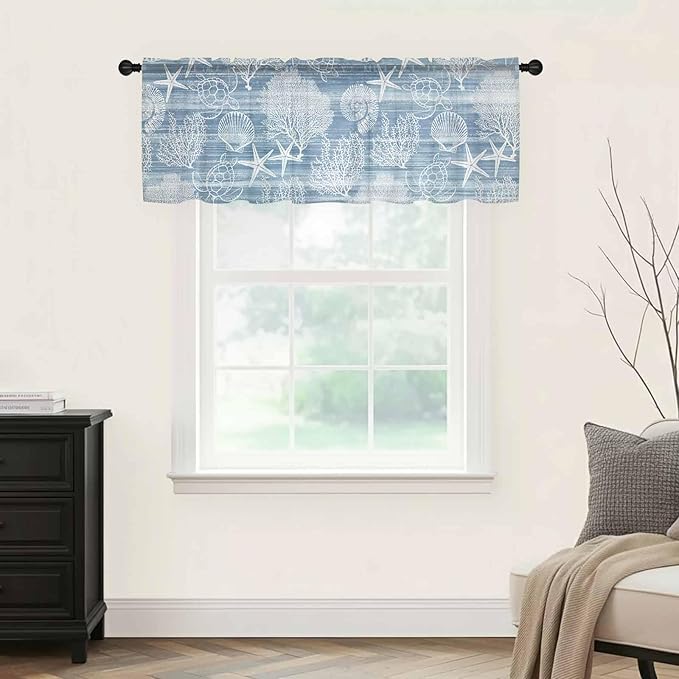 Haze Blue Retro Summer Sheer Valance Curtains, Sea Turtle Starfish Coral Ocean Light Filtering Kitchen Valances Rod Pocket Voile Curtain Window Treatment for Bedroom/Living Room/Basement 60Wx18L
