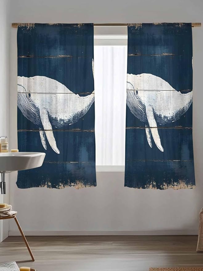 Sheer Curtains 63 Inch Length, Ocean Whale Blue Semi Sheer Curtains Light Filtering Window Treatment, Watercolor Coastal Vintage Wood Grain Privacy Voile Drapes for Living Room Bedroom 52x63 Inch