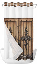 Wood Barn Door No Hook Shower Curtain with Snap in Liner Set, Waterproof Shower Curtains for Bathroom, Wooden Plank Fabric Shower Curtain, See Through Mesh Top Window, 36" W x 78" L
