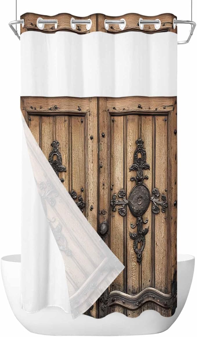 Wood Barn Door No Hook Shower Curtain with Snap in Liner Set, Waterproof Shower Curtains for Bathroom, Wooden Plank Fabric Shower Curtain, See Through Mesh Top Window, 54" W x 78" L