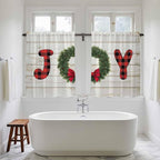Christmas Wreaths Kitchen Curtains 45 Inch Long 2 Panel Set,Rod Pocket Window Treatment,Winter Bow Plaid Farmhouse Wooden Grain Light Filtering Short Curtains & Drapes for Bathroom Laundry 52"W x 45"L