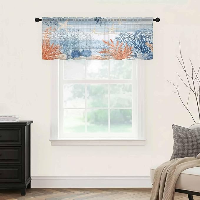 Ocean Corals Sheer Valance Curtains, Summer Beach Coral Sea Stars Blue Wood Grain Light Filtering Kitchen Valances Rod Pocket Voile Curtain Window Treatment for Bedroom/Living Room/Basement 42Wx18L