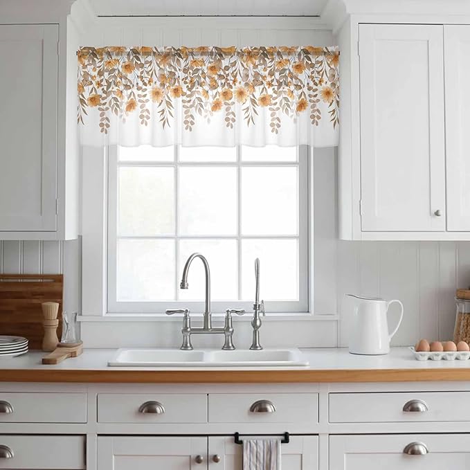 Spring Summer Flowers Sheer Valance Curtains, Vintage Watercolor Orange Floral Leaf Plant Light Filtering Kitchen Valances Rod Pocket Voile Curtain Treatment for Bedroom/Living Room/Basement 42Wx18L