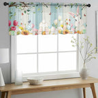 Easter Sheer Valances for Windows 42"x12", Light Filtering Kitchen Curtains Valance, Spring Watercolor Bunny Eggs Tulip Wooden Grain Rod Pocket Chiffon Curtains for Living Room Bedroom Cafe