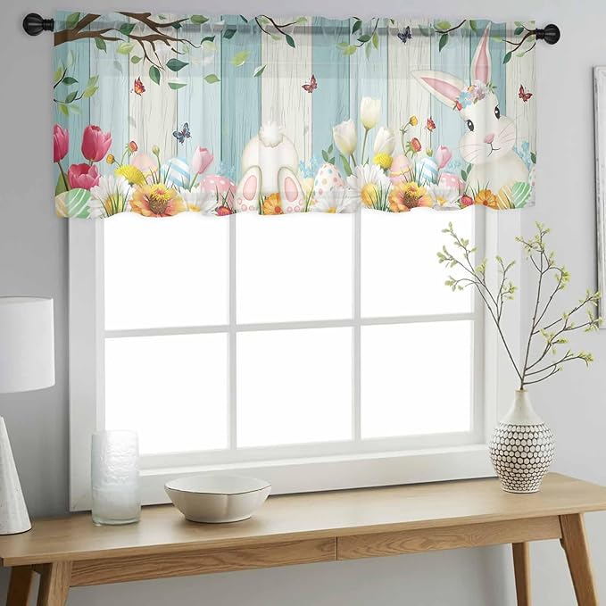 Easter Sheer Valances for Windows 42"x18", Light Filtering Kitchen Curtains Valance, Spring Watercolor Bunny Eggs Tulip Wooden Grain Rod Pocket Chiffon Curtains for Living Room Bedroom Cafe
