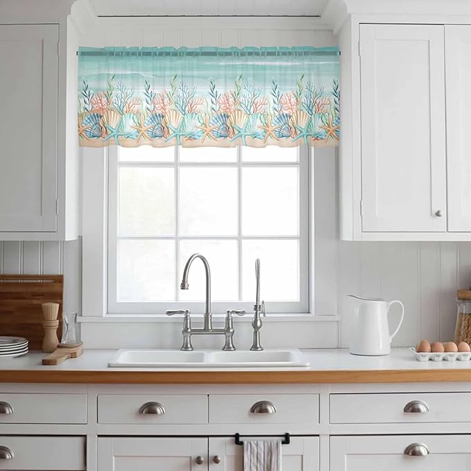 Summer Beach Sheer Valance Curtains, Green Ocean Colorful Coral Shell Seaweed Starfish Sandy Light Filtering Kitchen Valances Rod Pocket Voile Curtain for Bedroom/Living Room/Basement 42Wx18L
