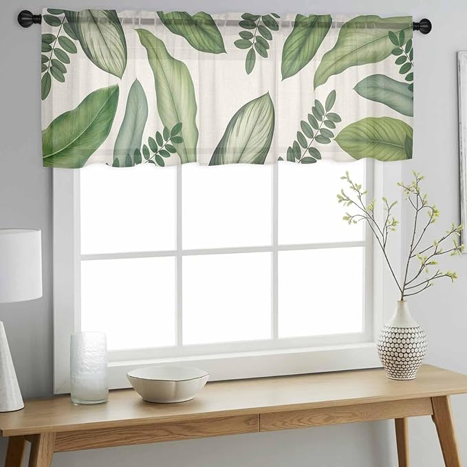 Summer Palm Leaf Sheer Valance Curtains, Green Tropical Plants Nature Leaves Linen Light Filtering Kitchen Valances Rod Pocket Voile Curtain Window Treatment for Bedroom/Living Room/Basement 60Wx18L