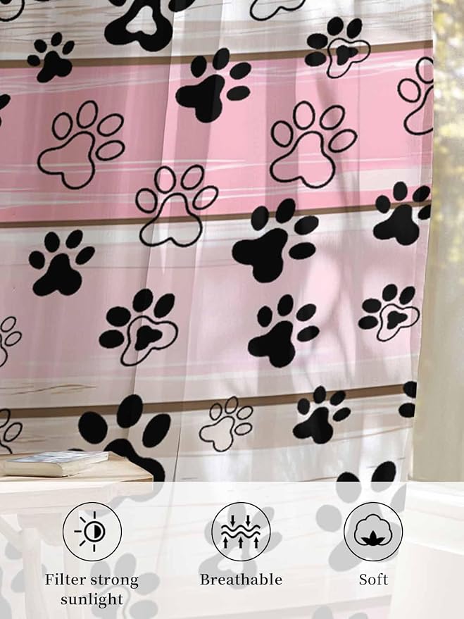 Sheer Curtains 63 Inch Length, Pink Beige Paw Print Semi Sheer Curtains Light Filtering Window Treatment, Vintage Farmhouse Country Wooden Grain Privacy Voile Drapes for Living Room Bedroom 52x63 Inch