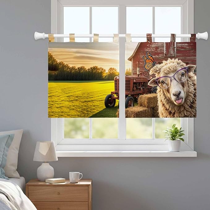 Farm Sheep Kitchen Curtains 36 Inch Length, Small Window Curtains Tab Top, Farmhouse Barn Funny Animals Butterfly Light Filtering Short Window Treatments Tier Drapes 27.5"x36" 2 Panel