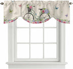 Farmhouse Spring Tie Up Valance Curtains for Windows, Kitchen Curtains Window Shades, Retro Bicycles Flowers Vines Butterfly Light Filtering Roman Curtain Valances for Bedroom/Bathroom/Cafe 42"x18"