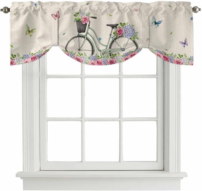 Farmhouse Spring Tie Up Valance Curtains for Windows, Kitchen Curtains Window Shades, Retro Bicycles Flowers Vines Butterfly Light Filtering Roman Curtain Valances for Bedroom/Bathroom/Cafe 60"x18"