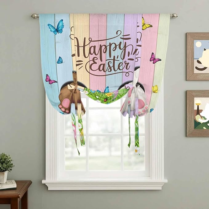 Tie Up Curtains,Happy Easter Rabbit Butt Egg on Daisy Leaf Adjustable Rod Pocket Window Shade Curtain Drape Bufferfly on Wood Barn Tie-Up Valance for Kitchen Bedroom Living Room Windows,46"x63"