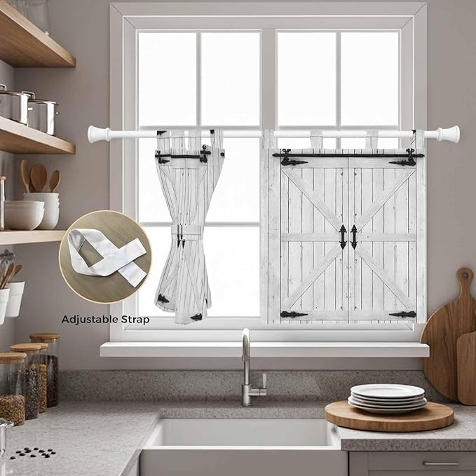 Farmhouse Wood Grain Kitchen Curtains 24 Inch Length, Small Window Curtains Tab Top, Vintage Country Barn Gate Grey Light Filtering Short Window Treatments Tier Drapes 27.5"x24" 2 Panel