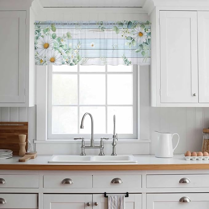 Daisy Eucalyptus Leaves Sheer Valance Curtains, Blue Wood Grain Spring Countryside Light Filtering Kitchen Valances Rod Pocket Voile Curtain Window Treatment for Bedroom/Living Room/Basement 60Wx18L