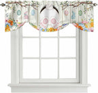 Easter Tie Up Valance Curtains for Windows, Kitchen Curtains Window Shades, Spring Farmhouse Watercolor Bunny Eggs Wood Grain Light Filtering Roman Curtain Valances for Bedroom/Bathroom/Cafe 42"x12"