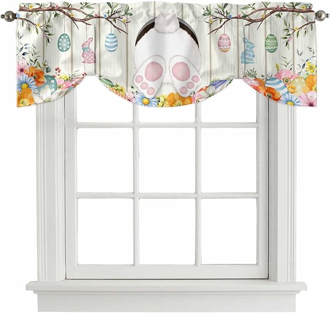 Easter Tie Up Valance Curtains for Windows, Kitchen Curtains Window Shades, Spring Farmhouse Watercolor Bunny Eggs Wood Grain Light Filtering Roman Curtain Valances for Bedroom/Bathroom/Cafe 60"x18"