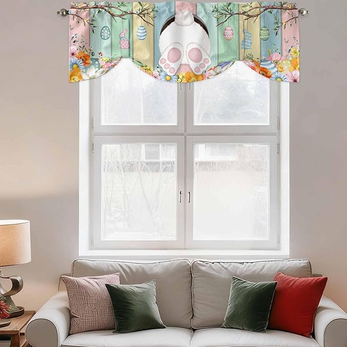 Easter Tie Up Valance Curtains for Windows, Kitchen Curtains Window Shades, Spring Colorful Bunny Eggs Flower Wood Grain Light Filtering Roman Curtain Valances for Bedroom/Bathroom/Cafe 42"x18"