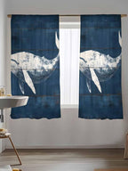 Sheer Curtains 72 Inches Long, Summer Whale Semi Sheer Curtains Light Filtering Window Treatment, Ocean Vintage Wooden Grain Blue Privacy Voile Drapes for Living Room Bedroom 52x72 Inch