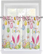 Happy Easter Kitchen Curtains 45 Inches length, Spring Watercolor Bunny Eggs Flower Branch Window Treatment Curtain Drapes, Lightweight Window Panels for Living Room Bedroom, 52"x45", 2 Panels