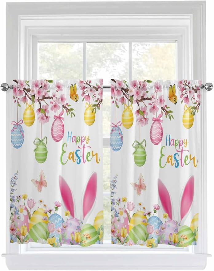 Happy Easter Tier Curtains 45 Inches Long, Spring Watercolor Bunny Eggs Flower Branch Window Treatment Curtain Drapes, Window Half Privacy Curtains for Bedroom Bathroom, 42"x45", 2 Panels