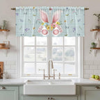 Easter Kitchen Tier Curtains 36 Inch Long 2 Panel Set,Rod Pocket Half Window Curtains Over Sink,Spring Rabbits Ears Feet Flowers Wooden Grain Light Filtering Short Drapes Cafe 27.5"W x 36"L