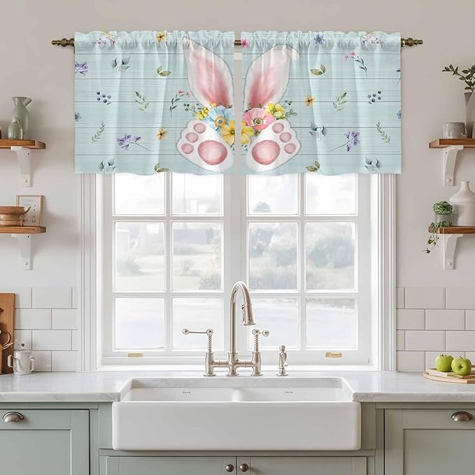 Easter Kitchen Tier Curtains 24 Inch Long 2 Panel Set,Rod Pocket Cafe Small Window Curtains Over Sink,Spring Rabbits Ears Feet Flowers Wooden Grain Light Filtering Short Drapes 27.5"W x 24"L
