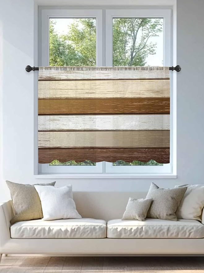 Sheer Curtains 54 Inch Length, Vintage Geometric Brown Semi Sheer Curtains Light Filtering Window Treatment, Farmhouse Country Chic Wood Grain Privacy Voile Drapes for Living Room Bedroom 52x54 Inch