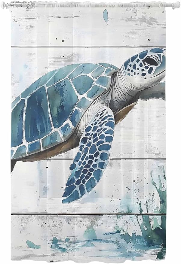 Sheer Curtains 84 Inches Long, Teal Green Sea Turtle Semi Sheer Curtains Light Filtering Window Treatment, Summer Ocean Vintage Wood Grain Privacy Voile Drapes for Living Room Bedroom 52x84 Inch