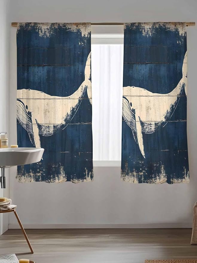 Sheer Curtains 72 Inches Long, Ocean Whale Blue Semi Sheer Curtains Light Filtering Window Treatment, Summer Coastal Vintage Wood Grain Privacy Voile Drapes for Living Room Bedroom 52x72 Inch