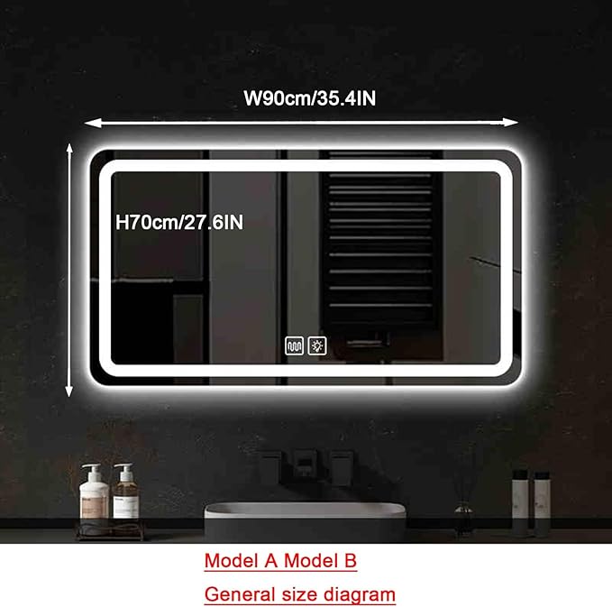 LED Bathroom Mirror，Bathroom Mirror with LED Lights，Illuminated Led Bathroom Mirror with Demister Pad，Illuminated LED Bathroom Mirror,3 Colours Backlit Makeup Mirror(A,H70*W90cm/H27.6*W35.4IN)