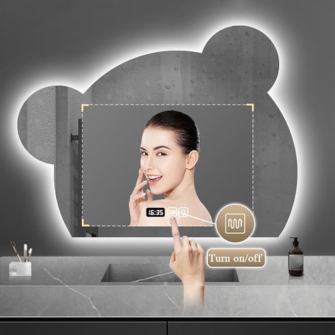 LTSRLL LED Vanity Mirror Cute Bear Decorative Mirror for Bathroom & Dressing Tabler Backlight Wall Mirror with 3 Color Dimmable Light Demister Pad Human Body Sensor Switch(Cut Down,80cmx95cm)