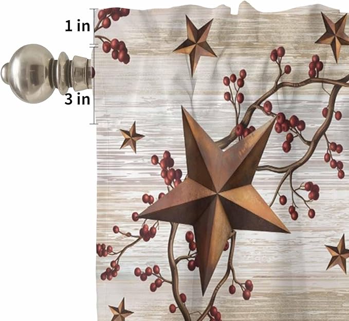 Kitchen Curtains Tiers and Valance Set of 3, Texas Star Brown Light Filtering Window Curtain Set, Farmhouse Retro Branches Wooden Grain Rod Pocket Curtain Drapes for Cafe, Living Room, 24 Inches Tiers