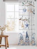 Sheer Curtains 96 Inches Long, Coastal Eucalyptus Semi Sheer Curtains Light Filtering Window Treatment, Ocean Blue Gnomes Starfish Leaf Wood Grain Privacy Voile Drapes for Living Room 52x96 Inch