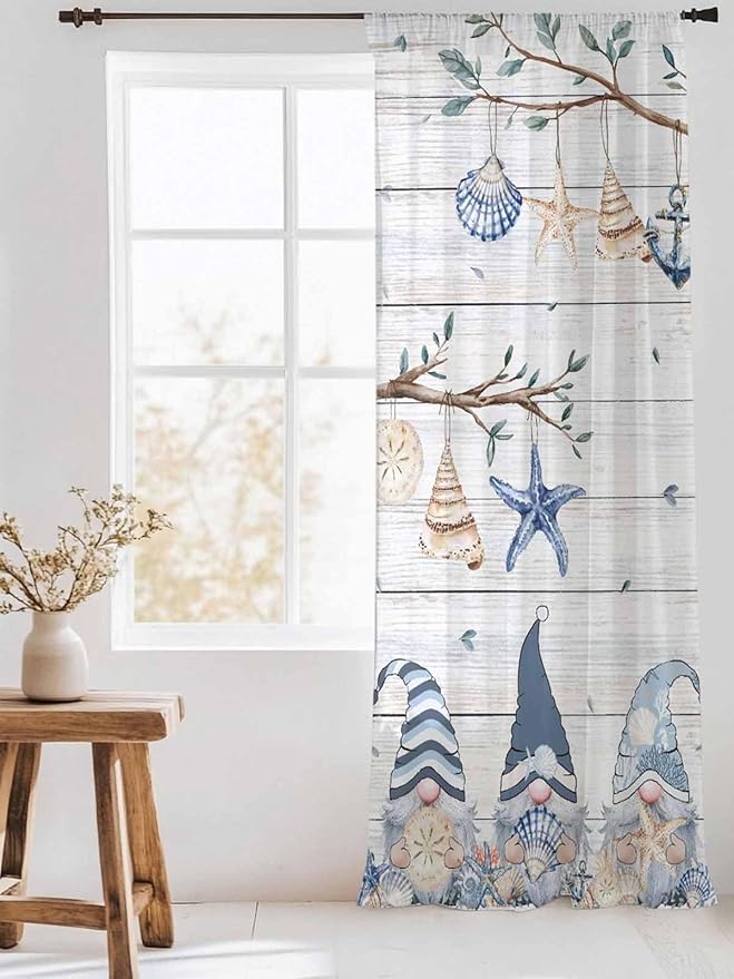 Sheer Curtains 108 Inches Long, Coastal Eucalyptus Semi Sheer Curtains Light Filtering Window Treatment, Ocean Blue Gnomes Starfish Leaf Wood Grain Privacy Voile Drapes for Living Room 52x108 Inch