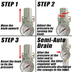 1/2" NPT Air Filter Pressure Regulator Combo Water Separator for Air Compressor Line Semi-Auto Drain 5 Micron Brass Element 0-150 psi Gauge