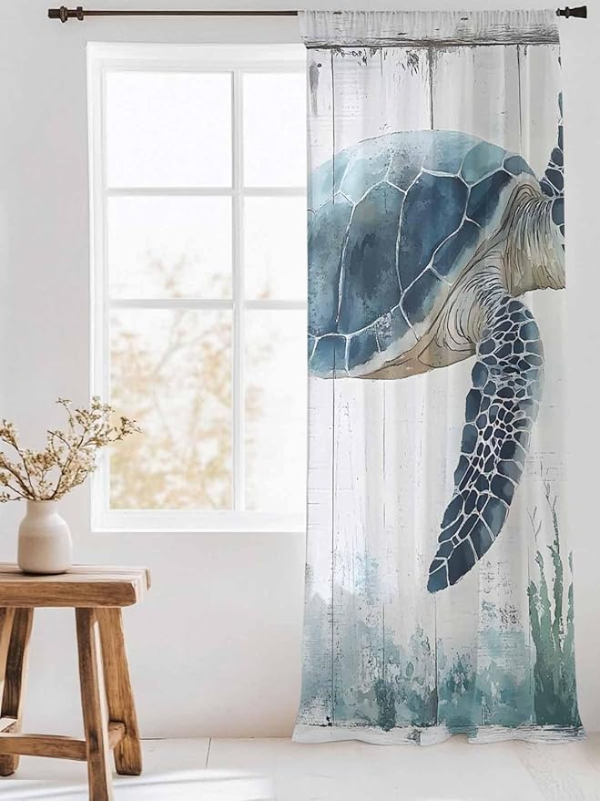 Sheer Curtains 108 Inches Long, Sea Turtle Teal Blue Semi Sheer Curtains Light Filtering Window Treatment, Summer Coastal Ocean Wood Grain Privacy Voile Drapes for Living Room Bedroom 52x108 Inch