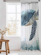 Sheer Curtains 108 Inches Long, Sea Turtle Teal Blue Semi Sheer Curtains Light Filtering Window Treatment, Summer Coastal Ocean Wood Grain Privacy Voile Drapes for Living Room Bedroom 52x108 Inch