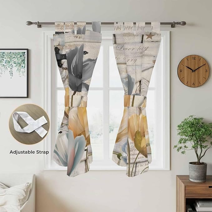 Spring Tulips Flower Living Room Curtains 84 Inch Length, Window Curtains Tab Top, Vintage Floral Barn Doors Rustic Beige Light Filtering Window Treatments Drapes 42"x84" 2 Panel